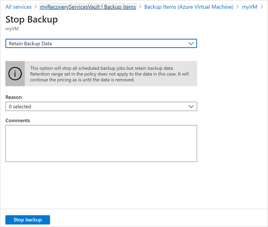 Screenshot showing to retain Backup data.