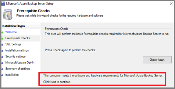 Azure Backup Server - Prerequisites check passed