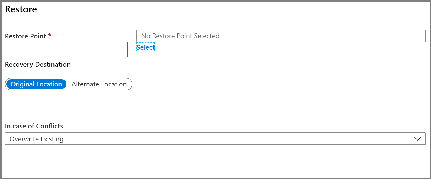 Screenshot shows how to select restore point by choosing the Select link.