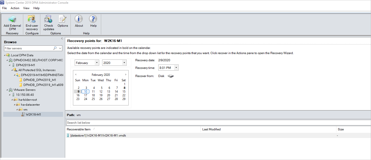 "Recovery points for" pane