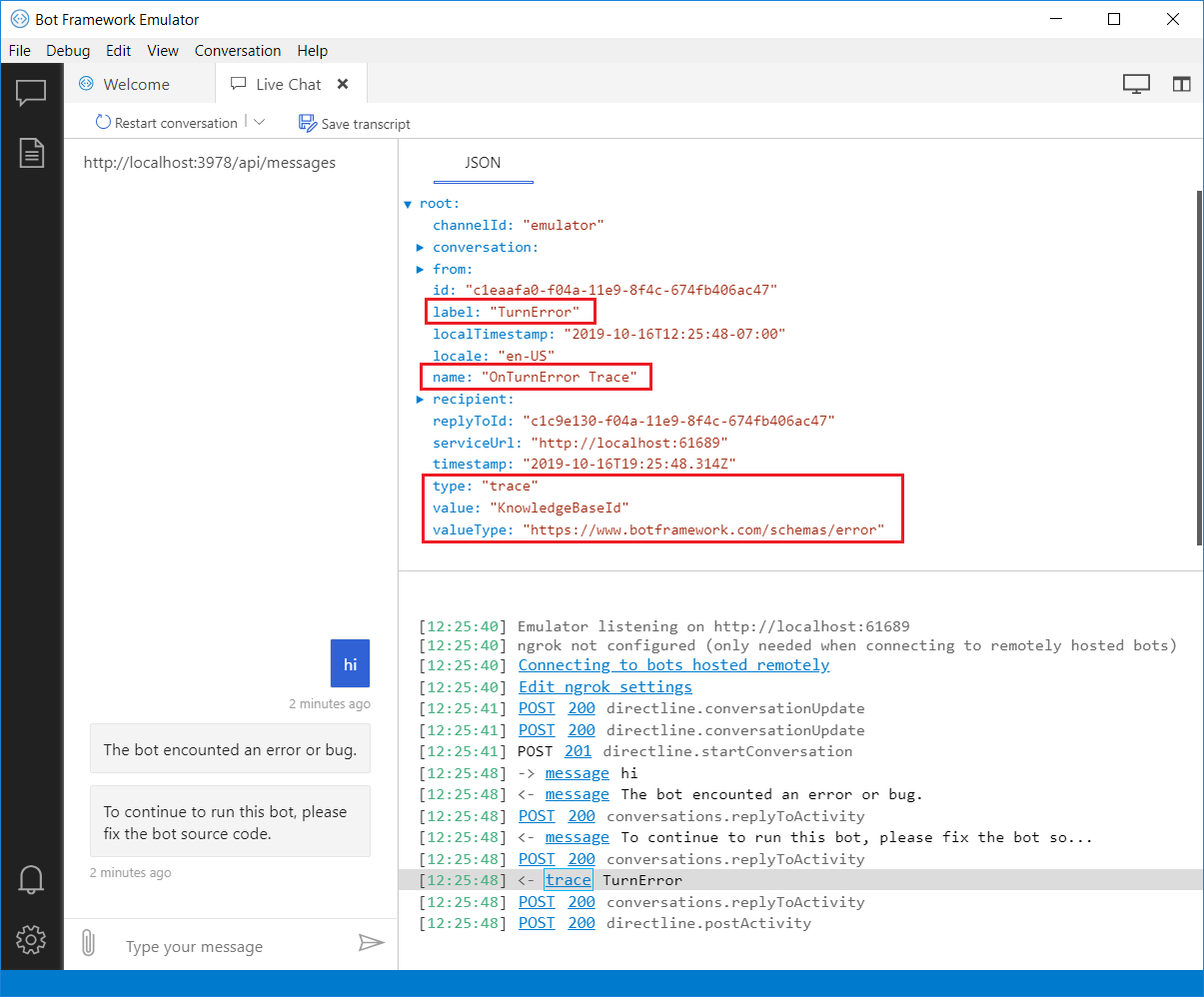 Screenshot of trace activity output in the Emulator.