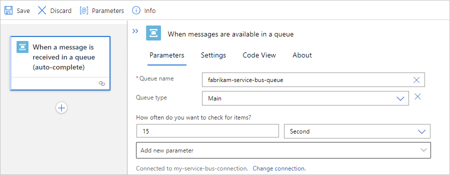 Screenshot showing Standard workflow, Service Bus managed trigger, and example trigger information.