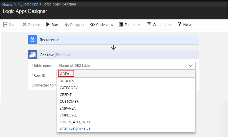 Screenshot that shows the "Get row (Preview)" action with the opened "Table name" list and the "AREA" value selected.