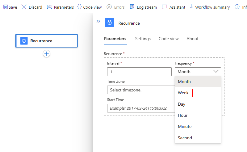 Screenshot for Standard workflow designer with Recurrence trigger interval and frequency.