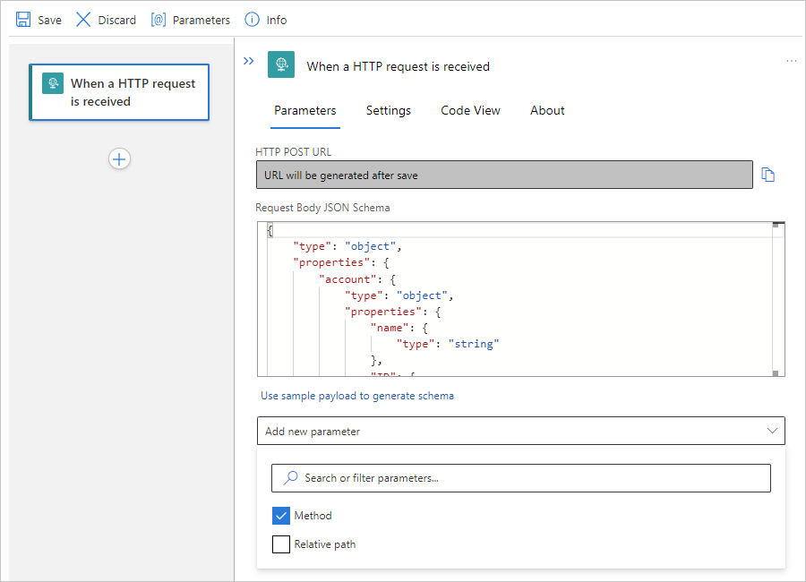 Screenshot showing Standard workflow, Request trigger, and adding the "Method" parameter.