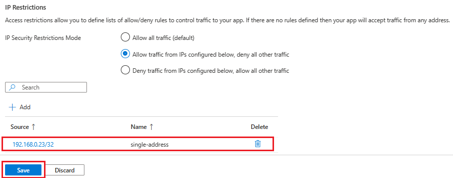 Screenshot to save IP restrictions on container app Ingress page.