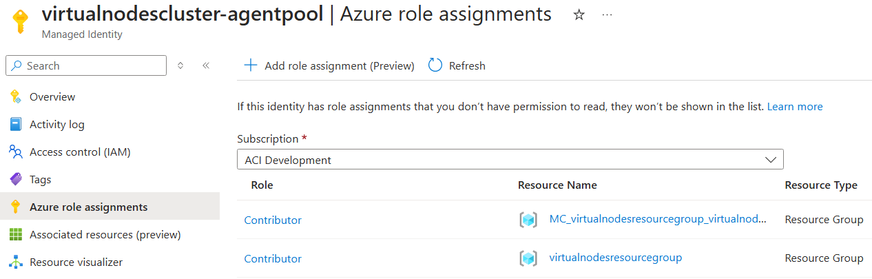 Screenshot showing the role assignments added to the AKS managed identity.