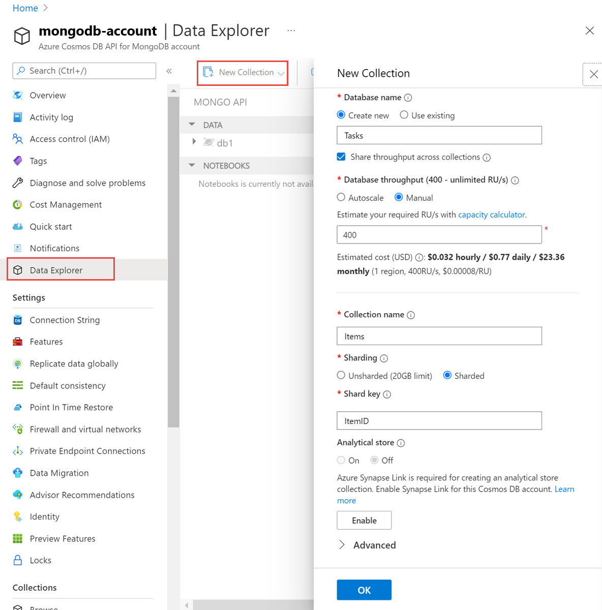 Screenshot of Data Explorer, when creating a new collection with database level throughput