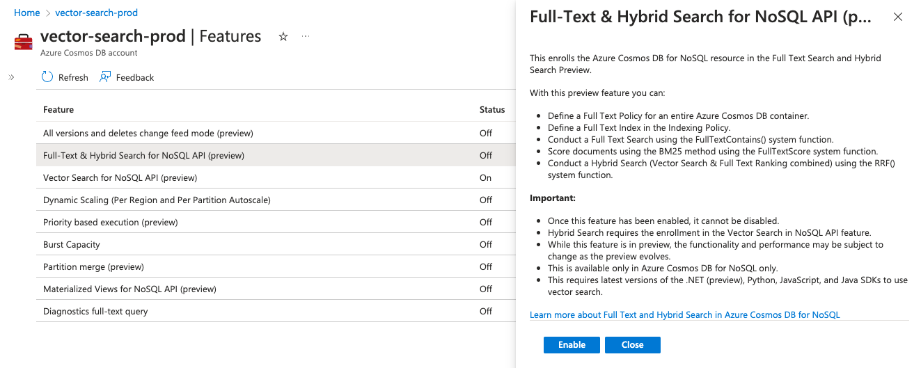 Screenshot of full text and hybrid search preview feature in the Azure portal.