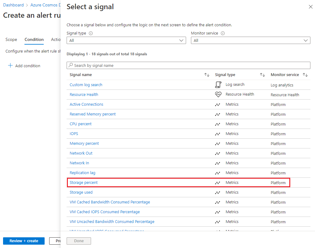 Screenshot shows the Configure signal logic page where you can view several signals.