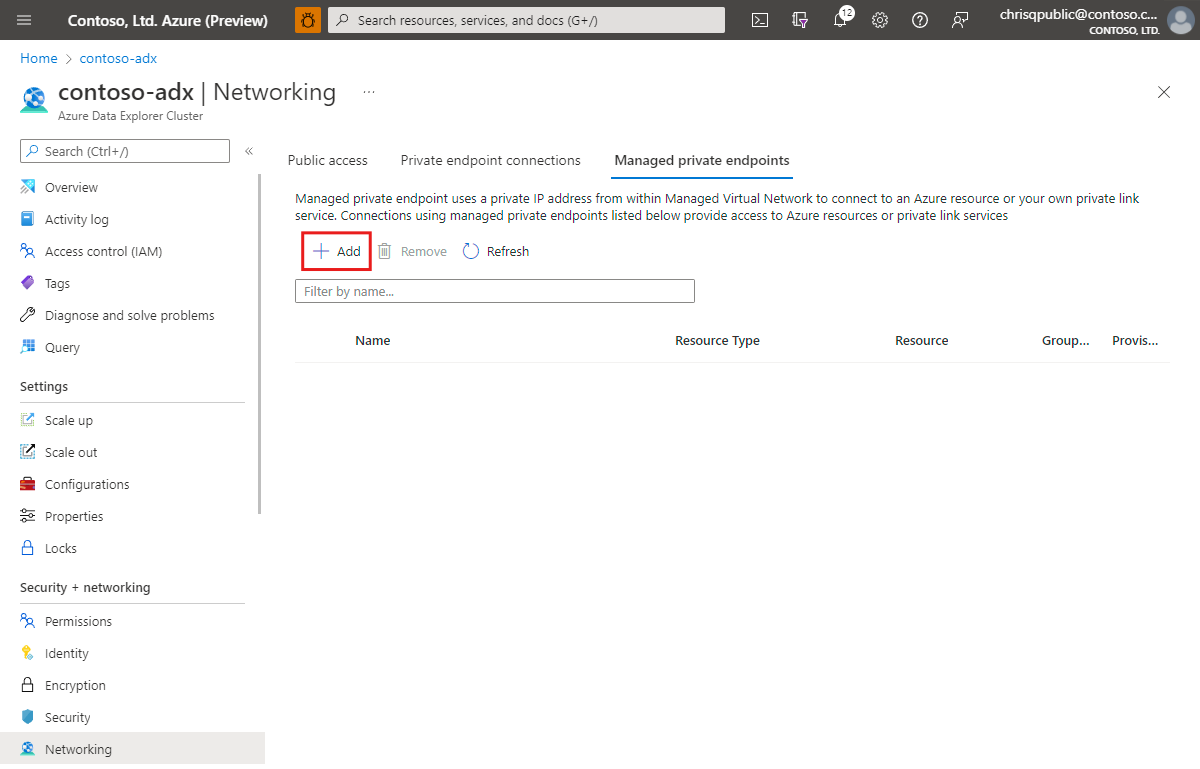 Screenshot of the networking page, showing the first step in the creation of a managed private endpoint.