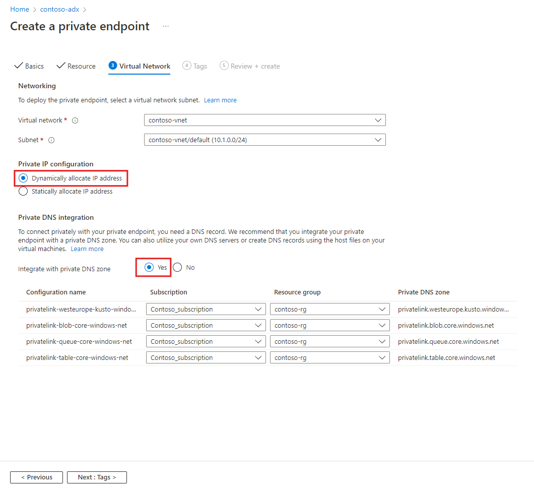 Screenshot of the create private endpoint page, showing the virtual network configuration.