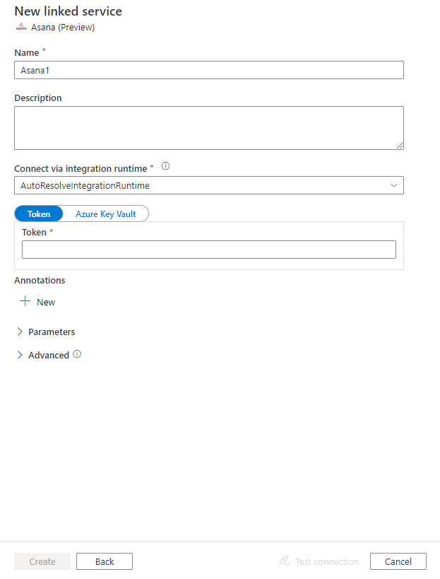 Screenshot of configuration for Asana linked service.