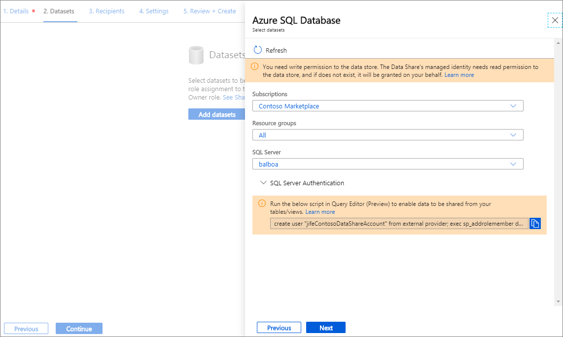 Screenshot showing the Azure SQL Database dataset window with a SQL server selected.