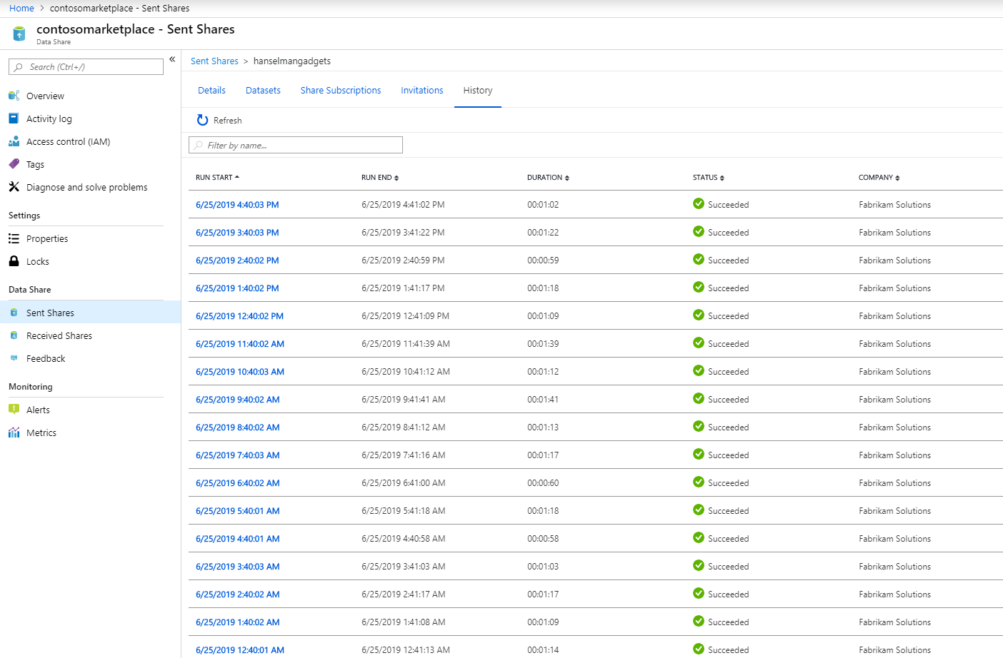 Screenshot shows Sent Shares in the Azure portal.