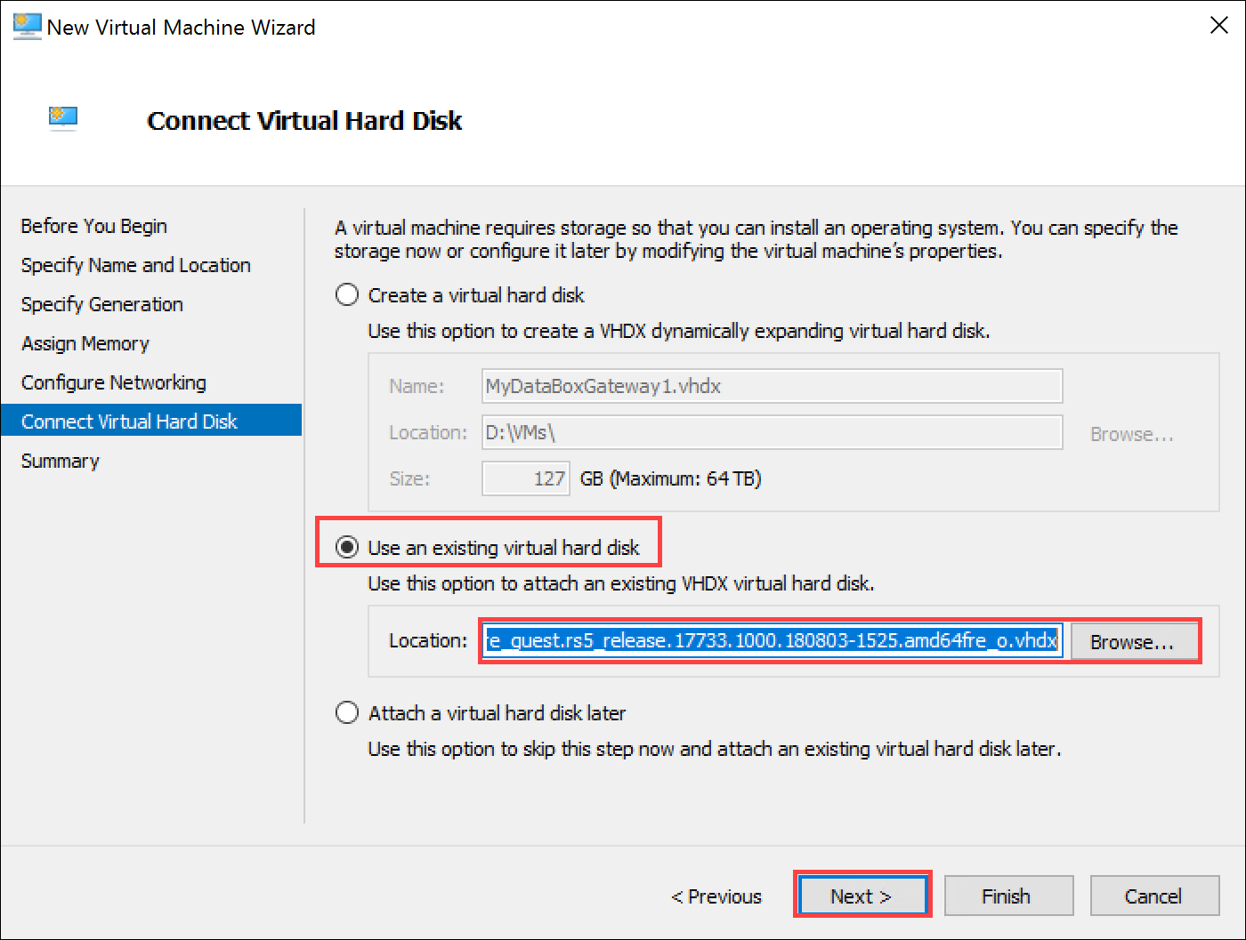 Connect virtual hard disk page