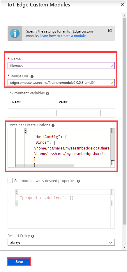 The Container Create Options box