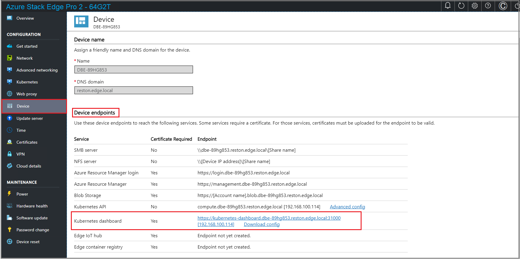 Screenshot that shows the device page in local UI 3.