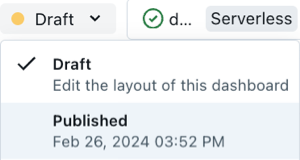 Drop-down menu showing available draft and published dashboard versions.