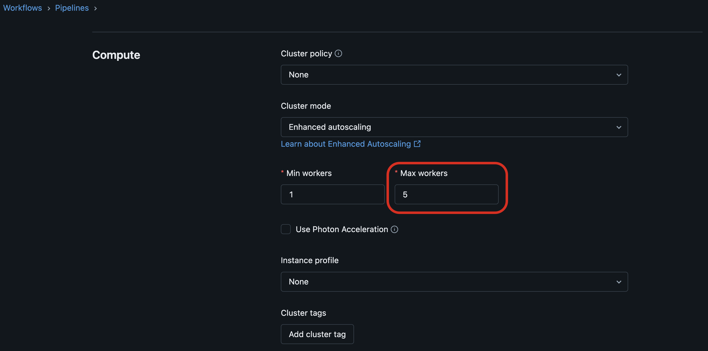 The Compute pane in the Pipelines UI, where you can set the Max workers for autoscaling