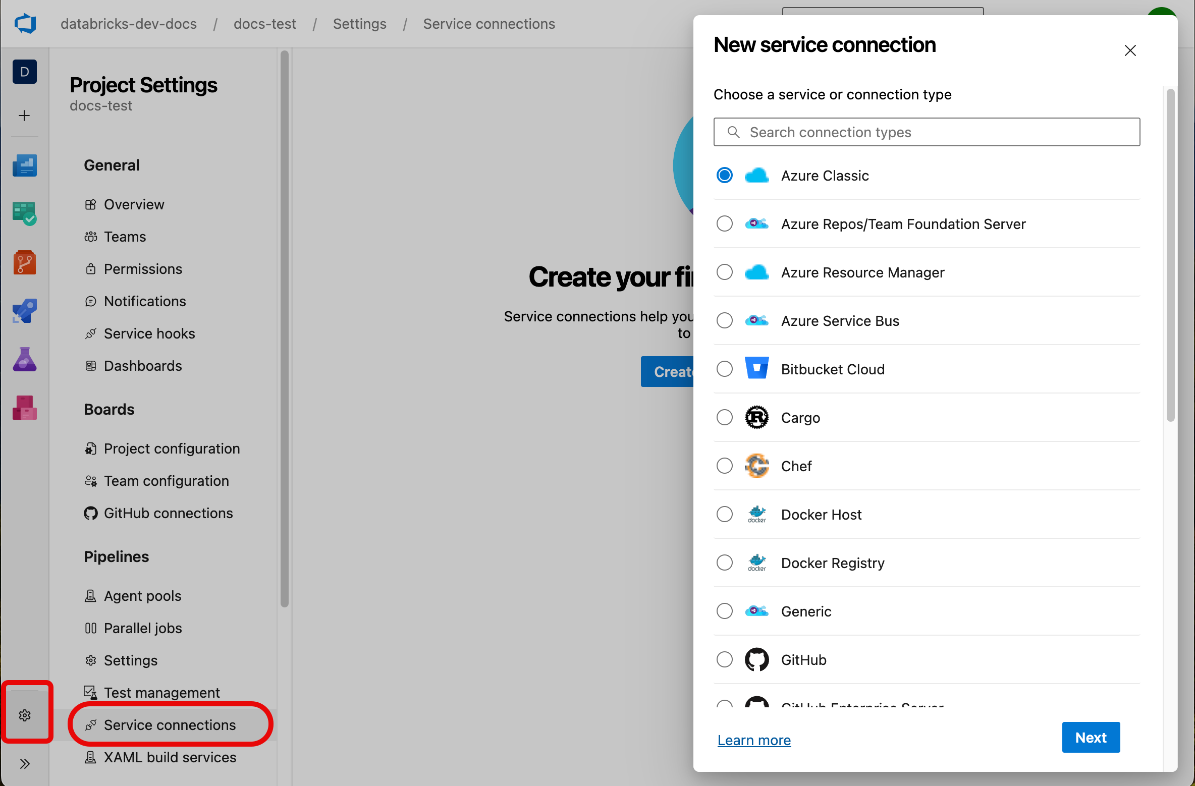 Select Service connections under Project settings in Azure DevOps