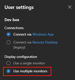 Screenshot of the dev box user settings, showing the option for using multiple monitors.