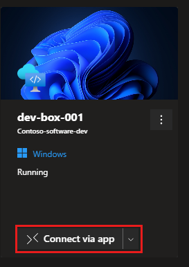 Screenshot of dev box tile, showing the Connect via app option.