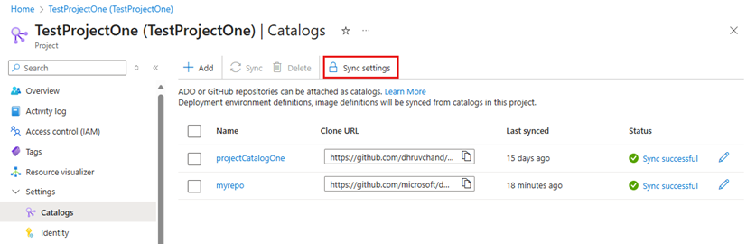 Screenshot of the Catalogs pane in the Azure portal, with the button for sync settings highlighted.