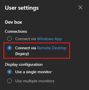 Screenshot of the dev box user settings, showing the option for using the legacy remote desktop app.