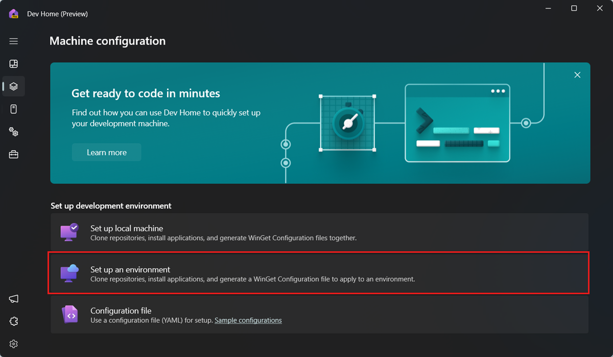 Screenshot showing the Machine configuration page with Set up environment highlighted.