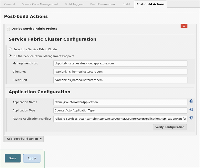 Service Fabric Jenkins Post-Build Action configure management endpoint