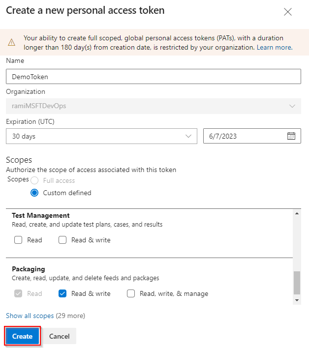 A screenshot demonstrating how to create a new personal access token with packaging read & write scopes.