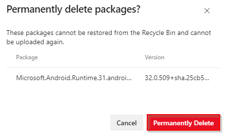 A screenshot displaying a confirmation message before you delete a package permanently.