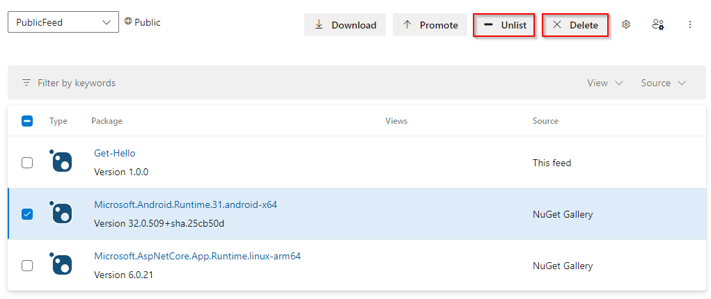 A screenshot displaying how to delete or unlist a NuGet package in Azure Artifacts.