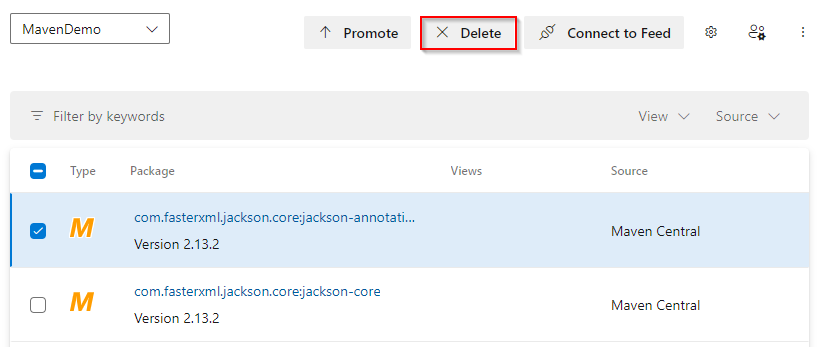 A screenshot displaying how to delete a Maven package in Azure Artifacts.