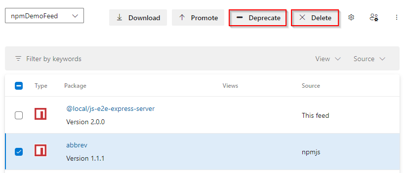 A screenshot displaying how to deprecate or delete an npm package in Azure Artifacts.