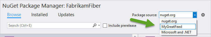 A screenshot showing the package source dropdown menu in Visual Studio.