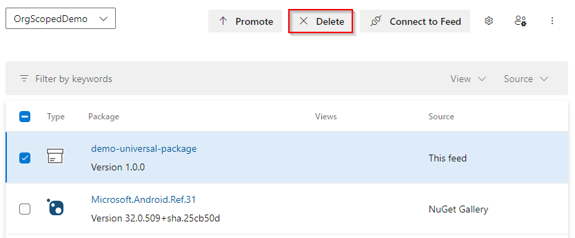 A screenshot displaying how to delete a Universal Package in Azure Artifacts.