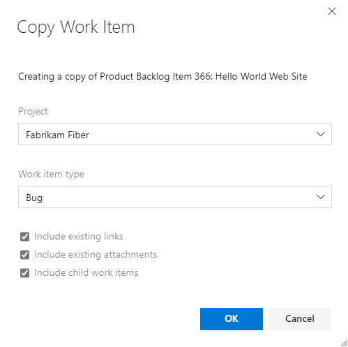 Screenshot shows copy work item dialog.