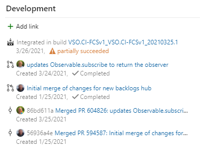 Screenshot shows Development control on work item form with sample links to build, pull requests, and commits.