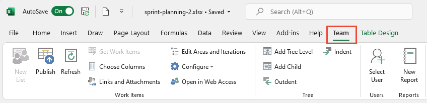 Screenshot of Excel and Azure DevOps/Office integration Team ribbon.