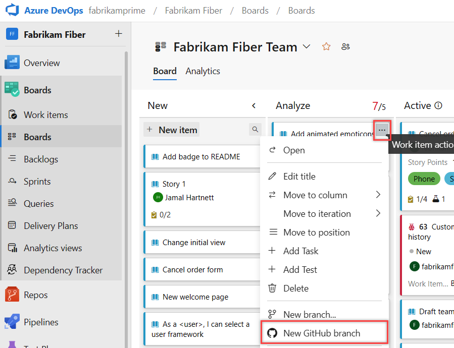 Screenshot of work item More actions select and highlighted New GitHub branch option.