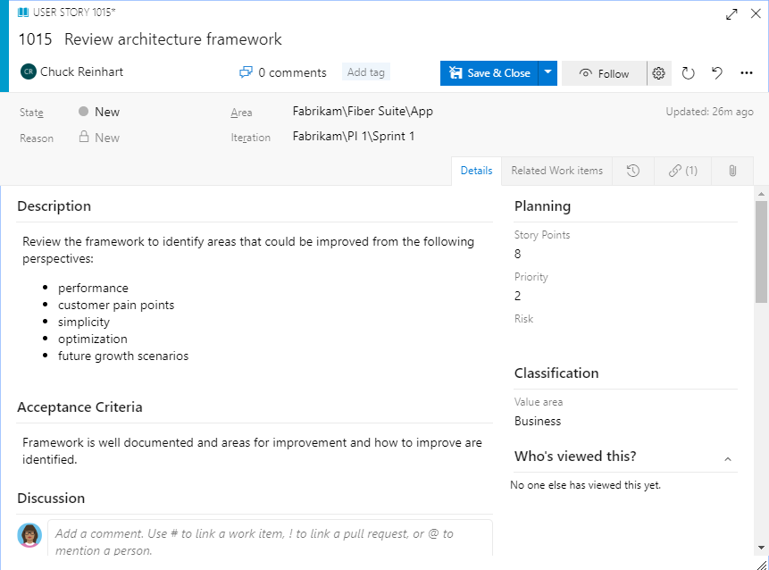 User story work item form