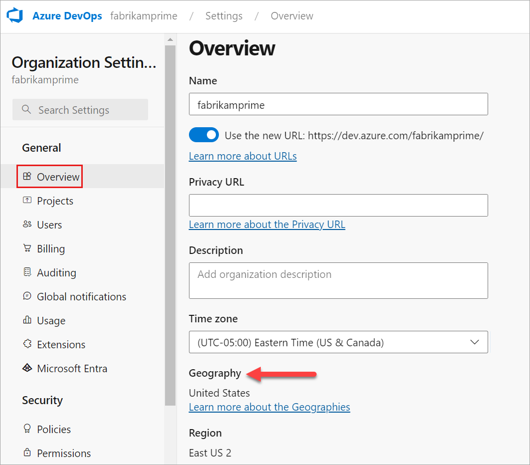 Screenshot showing the region in Organization settings.