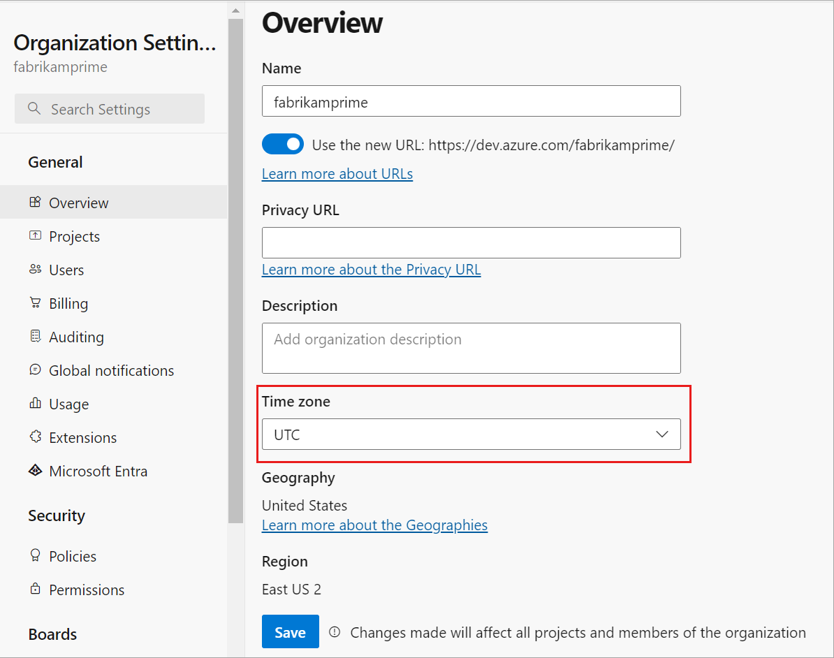 Screenshot showing Overview tab and Time zone dropdown menu emphasized.