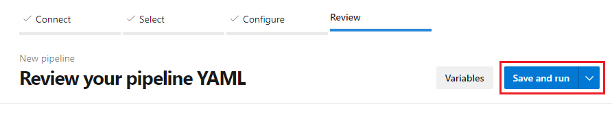 Screenshot of the Save and run button in a new YAML pipeline.