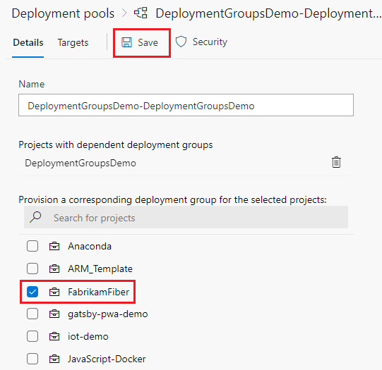 A screenshot showing sharing a deployment group with a project.