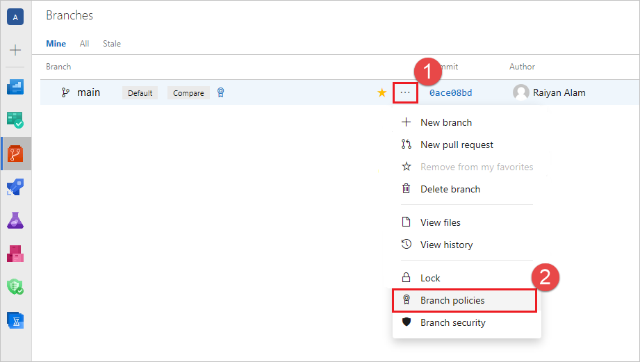 A screenshot displaying how to access branch policies for a specific branch.