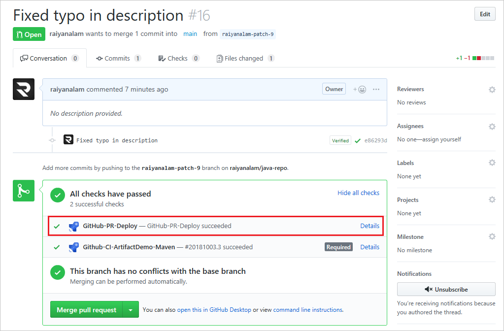 A screenshot displaying the pull request status checks.