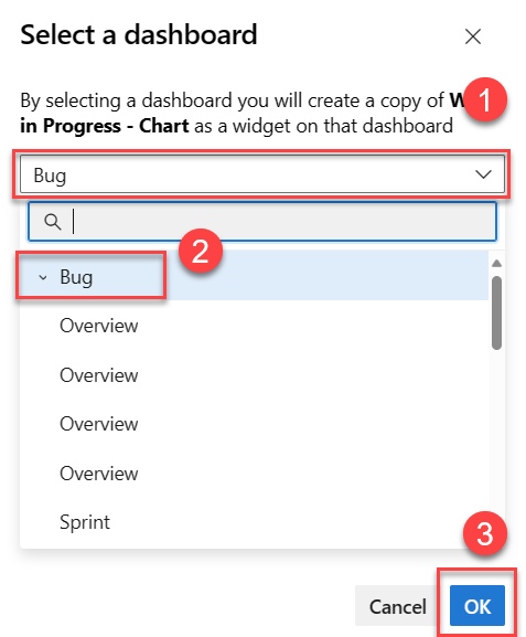 Screenshot of pin to dashboard sequence, select dashboard, and then OK.